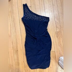Deb Midnight Blue One-Shoulder Dress with Rhinestone Detail